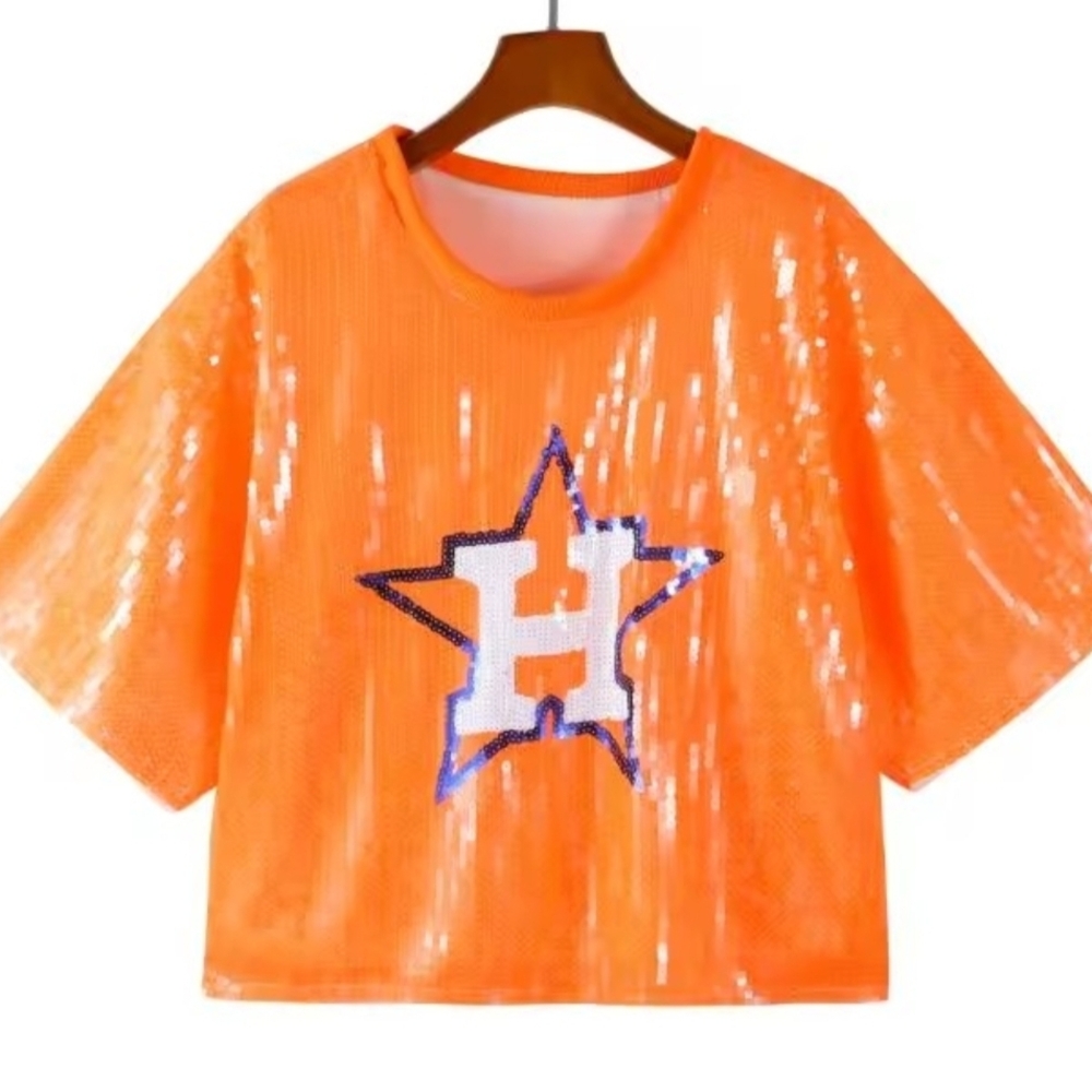 Orange Sequin Star H Cropped Top